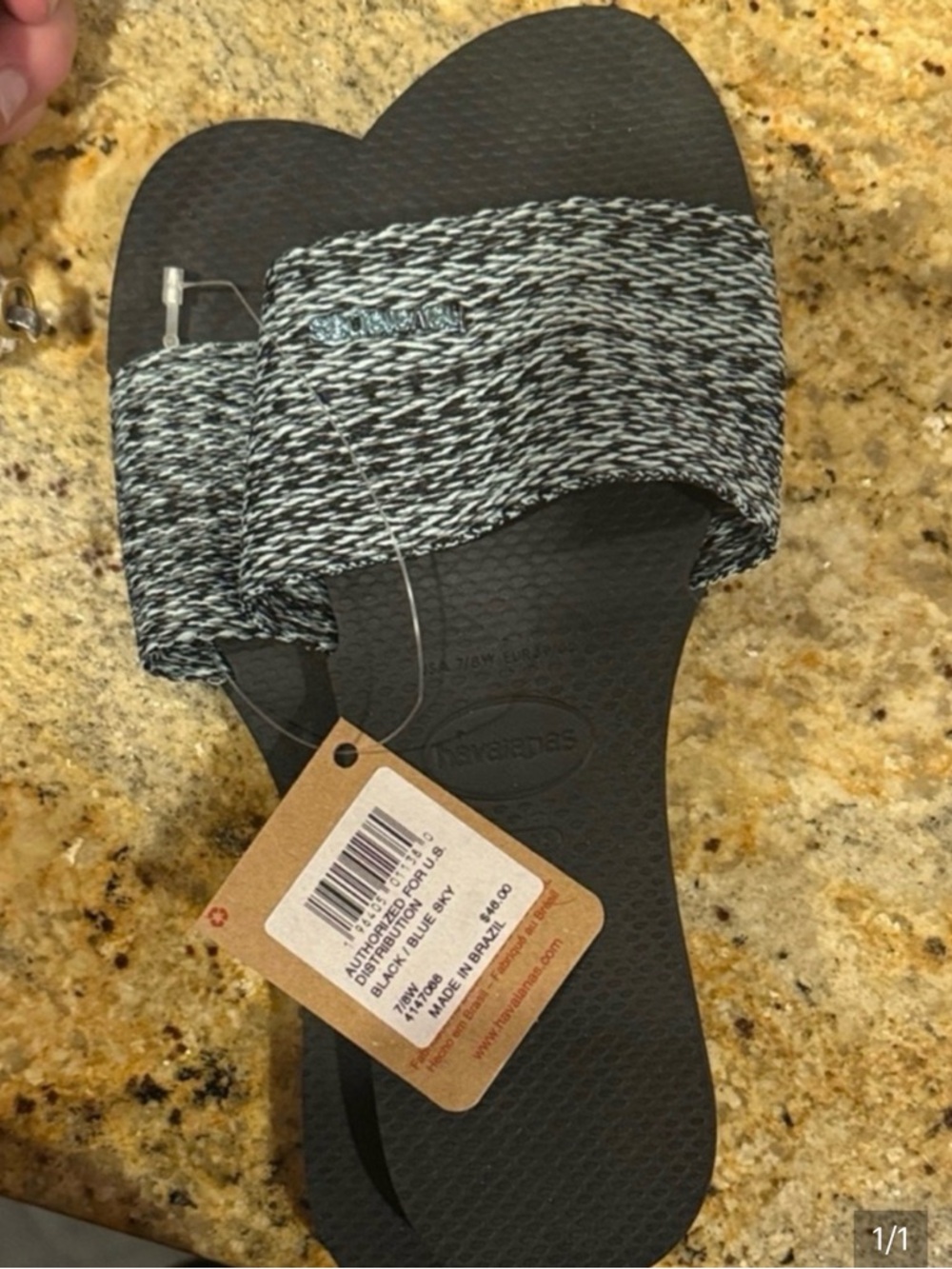 7/8 New Havaianas Black Slide Sandals with Marled Knit Strap